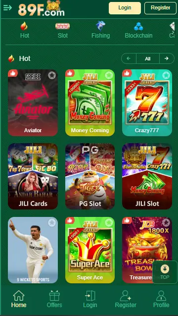 89f game interface showing slot, card, and sports games on mobile in Pakistan