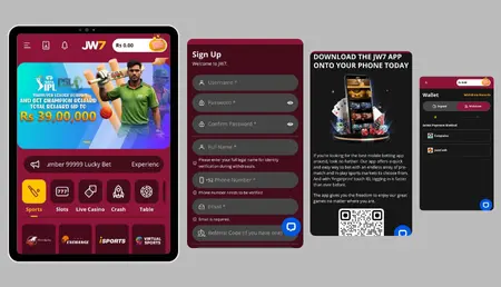 JW7 app UI showing home, sign-up, download, and wallet screens.