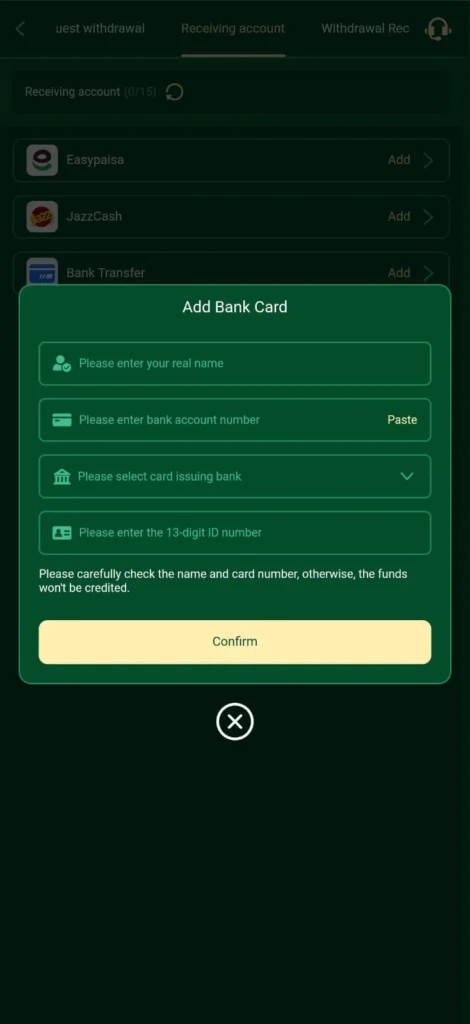 Withdraw earnings from directly to Pakistani bank card or account