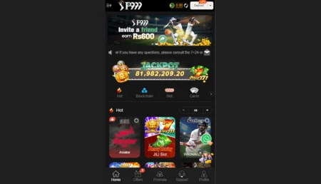 P999 Game mobile app homepage showing games, jackpot, and invite bonus offer.