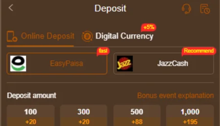 Deposit options on casino app showing EasyPaisa and JazzCash with bonus rewards.