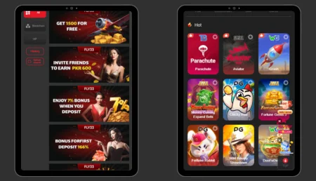 Fly33 Game app interface showing promotions and popular slot games.
