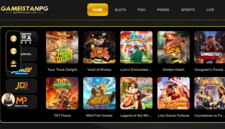 Online casino game lobby featuring slot titles like Taco Truck Delight, Vault of Riches, Golden Hatch, and Lion Dance Fortune on Gameistan pkr game.
