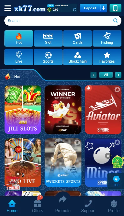 Screenshot of the zk77.com homepage displaying various game categories like Hot, Slot, Cards, Fishing, Live, Sports, Blockchain, and Favorites.