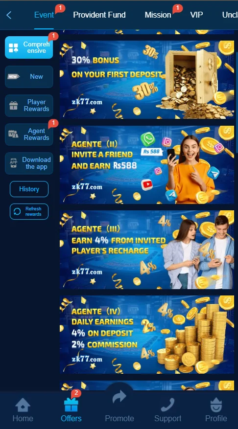 Screenshot showing promotional offers on zk77.com including a 30% bonus on the first deposit, referral rewards, daily earnings, and commissions.