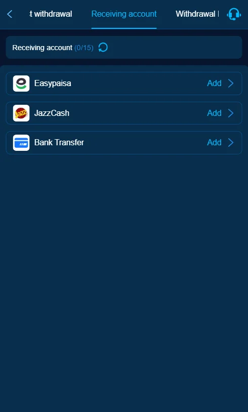 Withdrawal options screen showing Easypaisa, JazzCash, and Bank Transfer with an option to add receiving accounts.