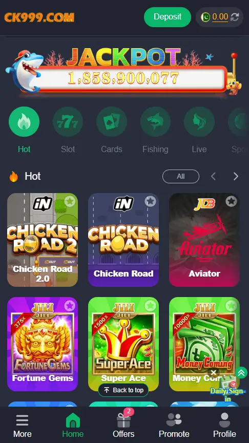CK999 Game Pakistan home screen with jackpot and popular games like Chicken Road, Aviator, and slot games.