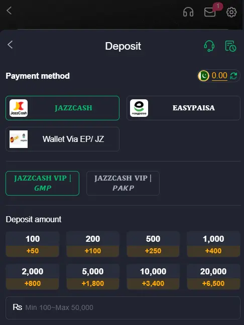CK999 Game Pakistan deposit options with JazzCash and Easypaisa.