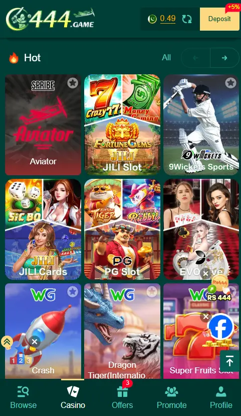 C444 Game Casino Interface with Featured Games