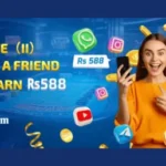 ZK77 Game Promotional Banner with a Smiling woman holding a smartphone with floating social media icons and gold coins around her, promoting an agent referral program to earn Rs 588.