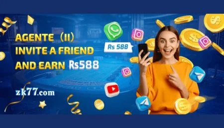 ZK77 Game Promotional Banner with a Smiling woman holding a smartphone with floating social media icons and gold coins around her, promoting an agent referral program to earn Rs 588.