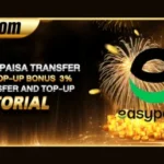 "Easypaisa transfer and top-up bonus offer with 3% bonus highlighted and gold coins in w567 game background."