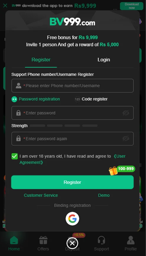 BV999 Game register & login