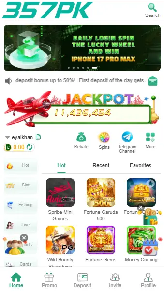 357PK Game home screen showing dashboard and account options